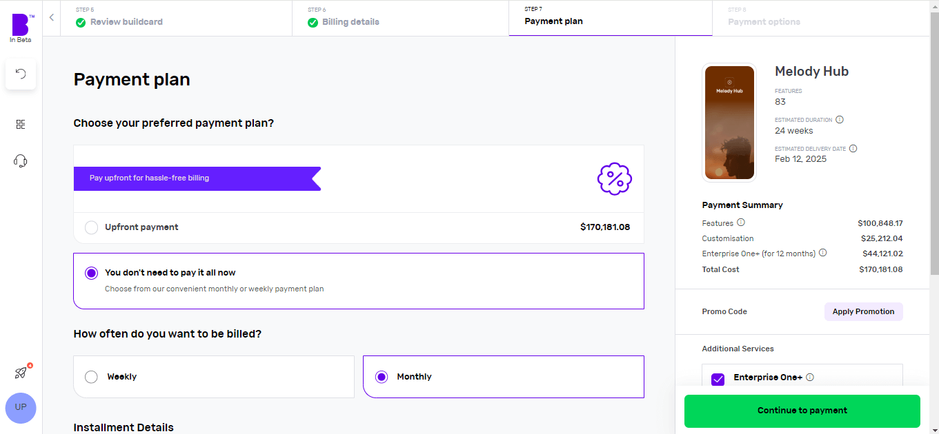 Screenshot of Builder Studio dashboard for app payment planning. The screen shows the project's cost, how often you pay, the details of each payment, the payment summary and other services on the right panel.