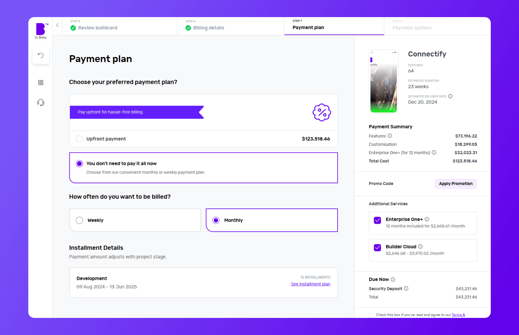 Builder Studio dashboard payment plan screen highlighting Connectify app