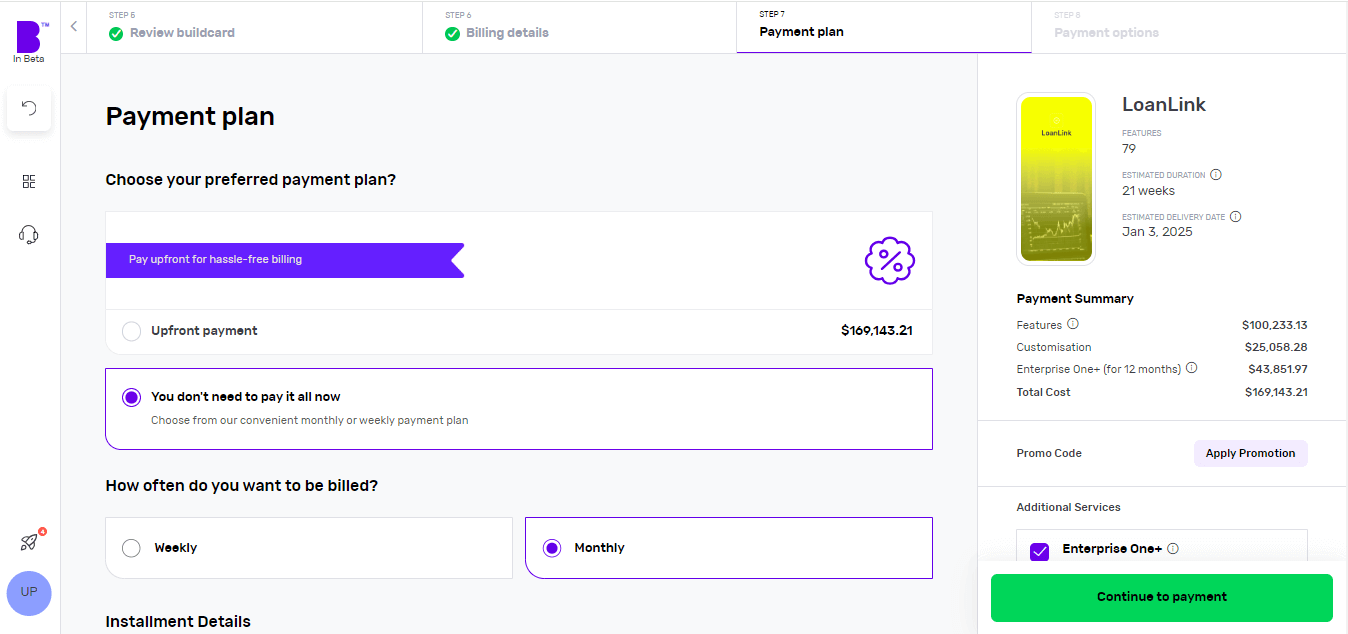 Screenshot of Builder Studio dashboard for app payment planning. The screen shows the project's cost, and how often you pay. The details of each payment, the payment summary and other services on the right panel.