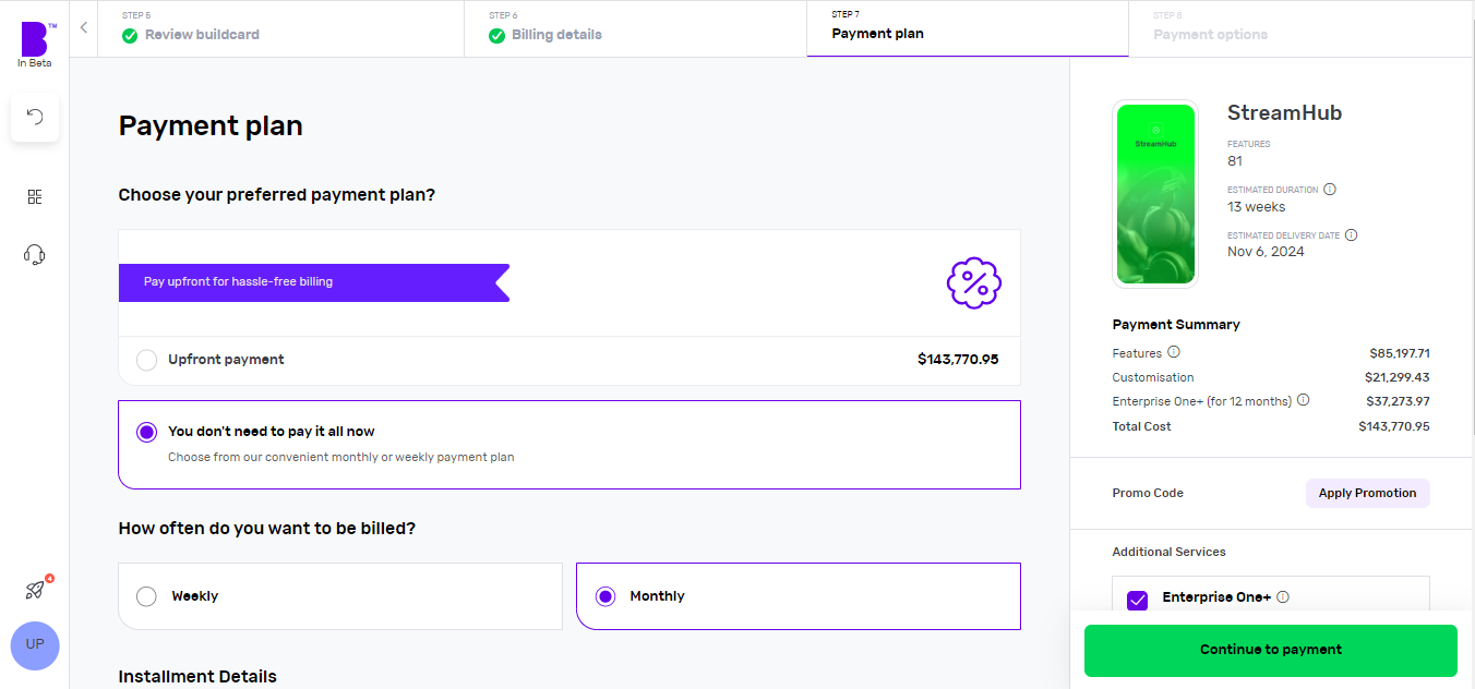 Screenshot of Builder Studio dashboard for app payment planning. The screen shows the project's cost, how often you pay, the details of each payment, the payment summary and other services on the right panel.