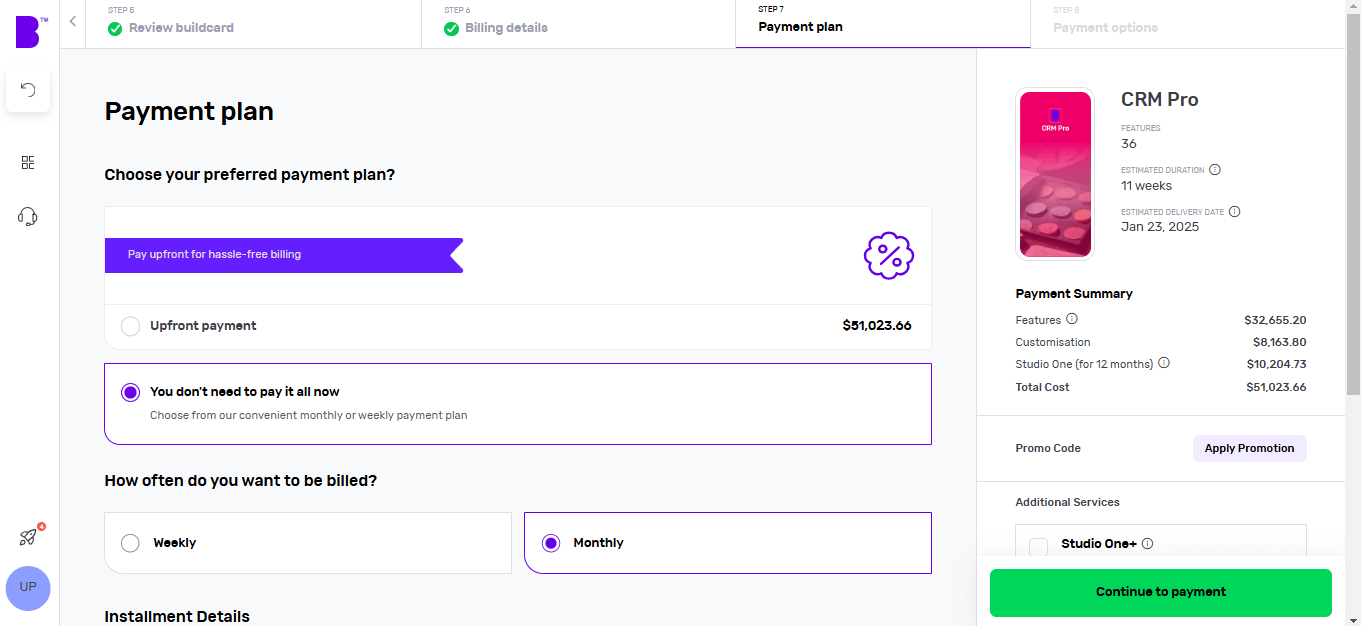 Screenshot of Builder Studio dashboard for app payment planning. The screen shows the project's cost, how often you pay; the details of each payment, the payment summary and other services on the right panel for CRM Pro.