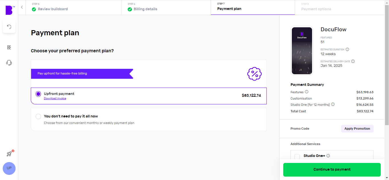 Screenshot of Builder Studio dashboard for app payment planning. The screen shows the project's cost, how often you pay; the details of each payment, the payment summary and other services on the right panel for DocuFlow, a document control software.