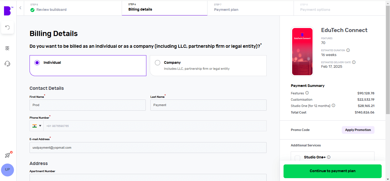 Screenshot of Builder Studio dashboard for app payment planning. The screen shows the project's cost, how often you pay; the details of each payment, the payment summary and other services on the right panel for EduTech Connect.