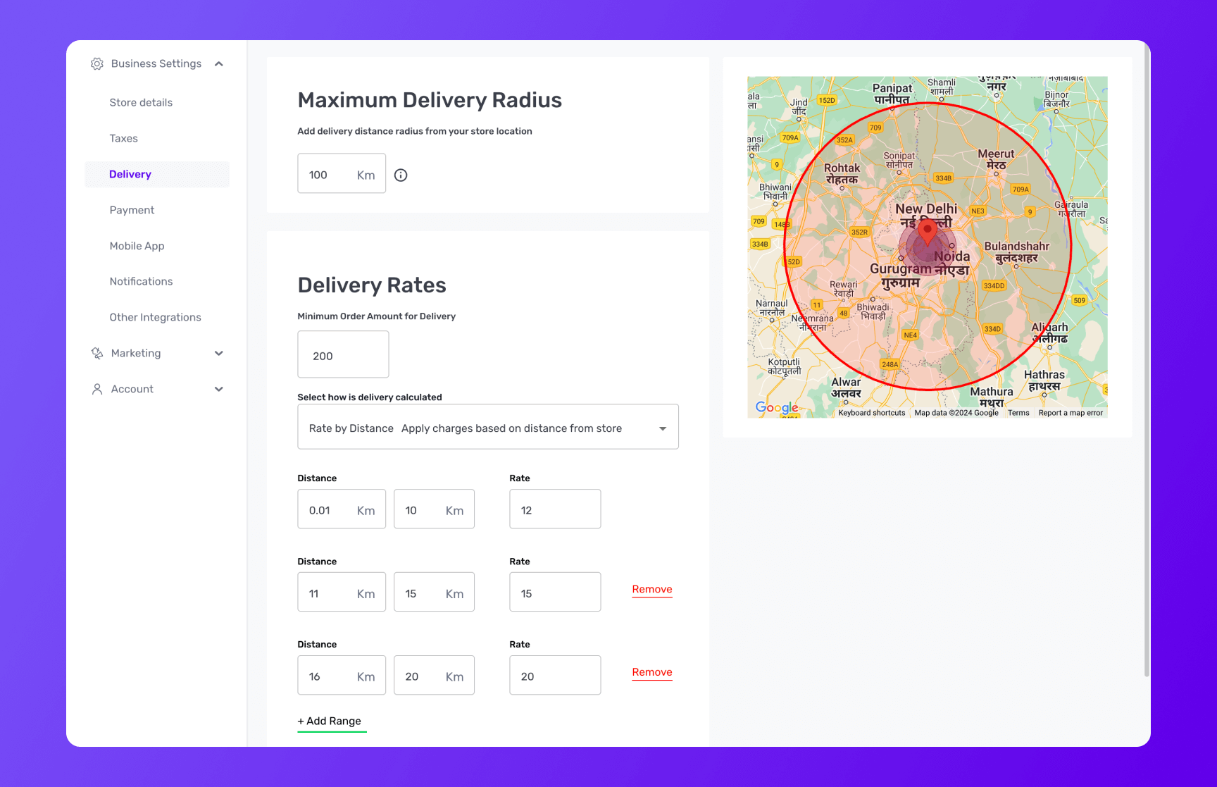 Builder Studio Store restaurant admin panel screen highlighting delivery rates