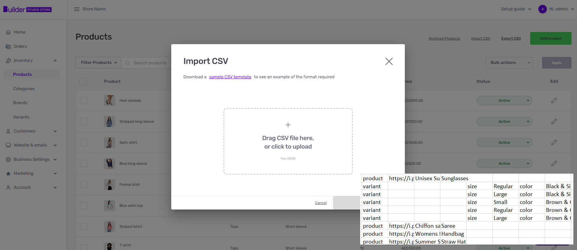 Builder Studio Store dashboard highlights bulk product importers using a CSV file.