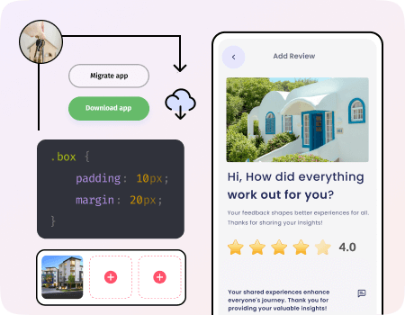 A concept of code ownership in real estate app development highlighting a real estate app with code snippets and design icons