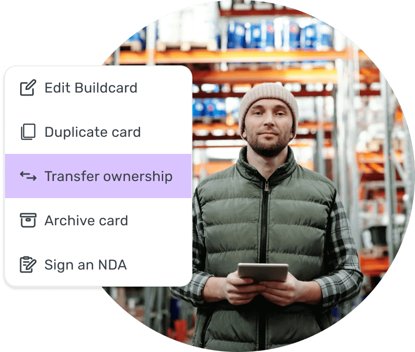 Builder Studio dashboard interface with options for card summary, app migration, ownership transfer, app download, inviting others, archiving a card, and signing a non-disclosure agreement. An individual is in the background standing in a retail warehouse and holding a tablet device. 