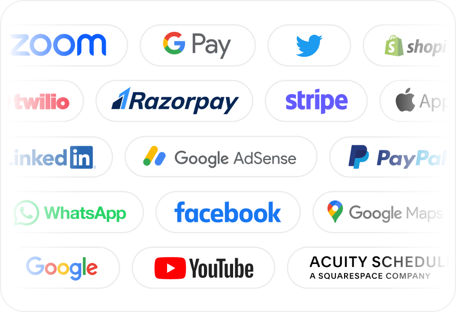 Collection of colourful logos from various well-known technology and service companies. These include the video conferencing platform Zoom, payment services like Google Pay, PayPal, and Stripe, the communication platform WhatsApp, the professional networking site LinkedIn, the advertising service Google AdSense, video sharing platform YouTube, search engine Google, and others.