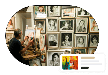 A concept of an online art gallery highlighting an artist in the background having a product card in the foreground