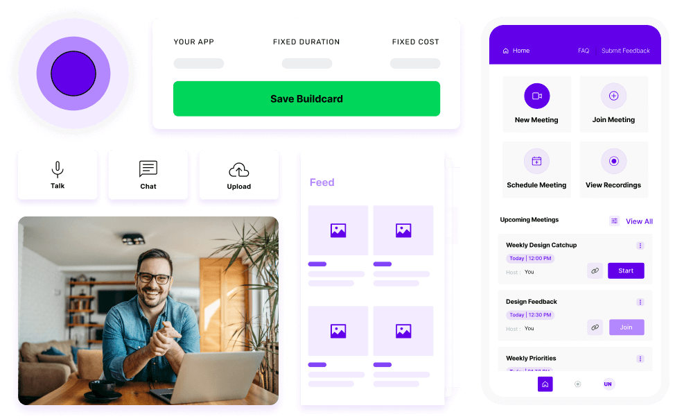 A concept of online learning app development, featuring the splash screen, design elements, and an image of an individual using a laptop.