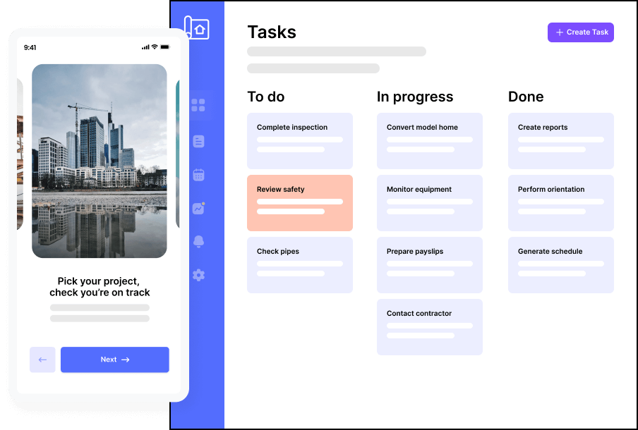 Construction project management software application interface featuring task management and productivity.