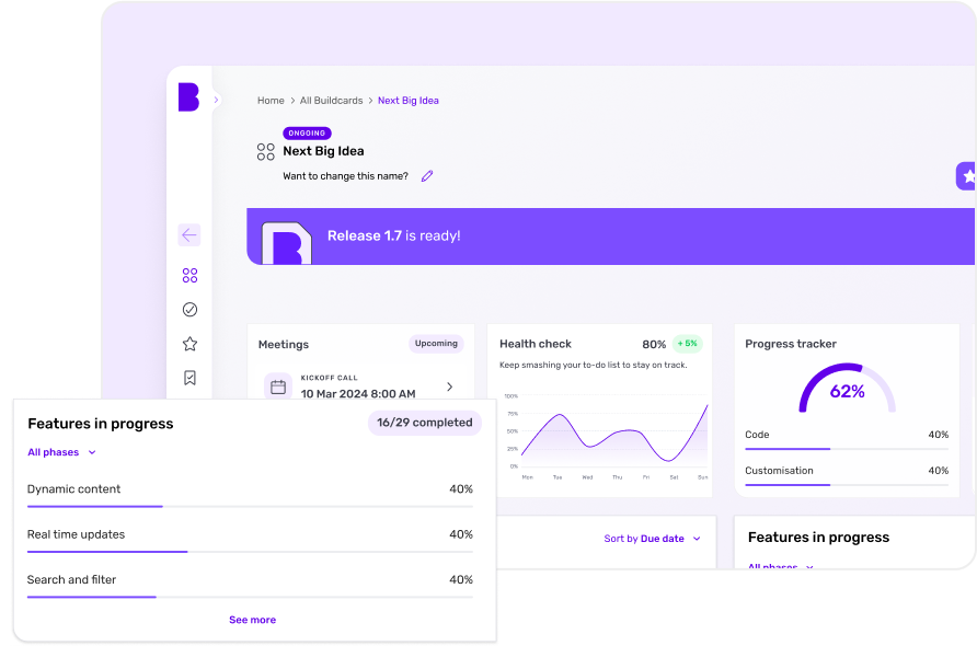 Builder Studio dashboard screen where users can access all of their project details to date, including their progress and recorded meetings.