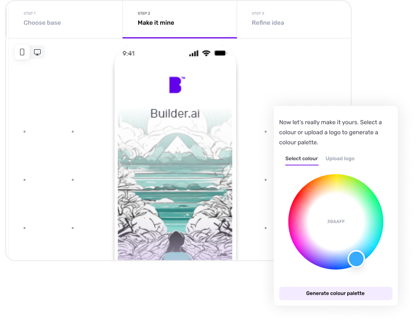 Screen showing that users can either select a primary colour for their app or upload their logo so design previews accurately reflect their brand. 