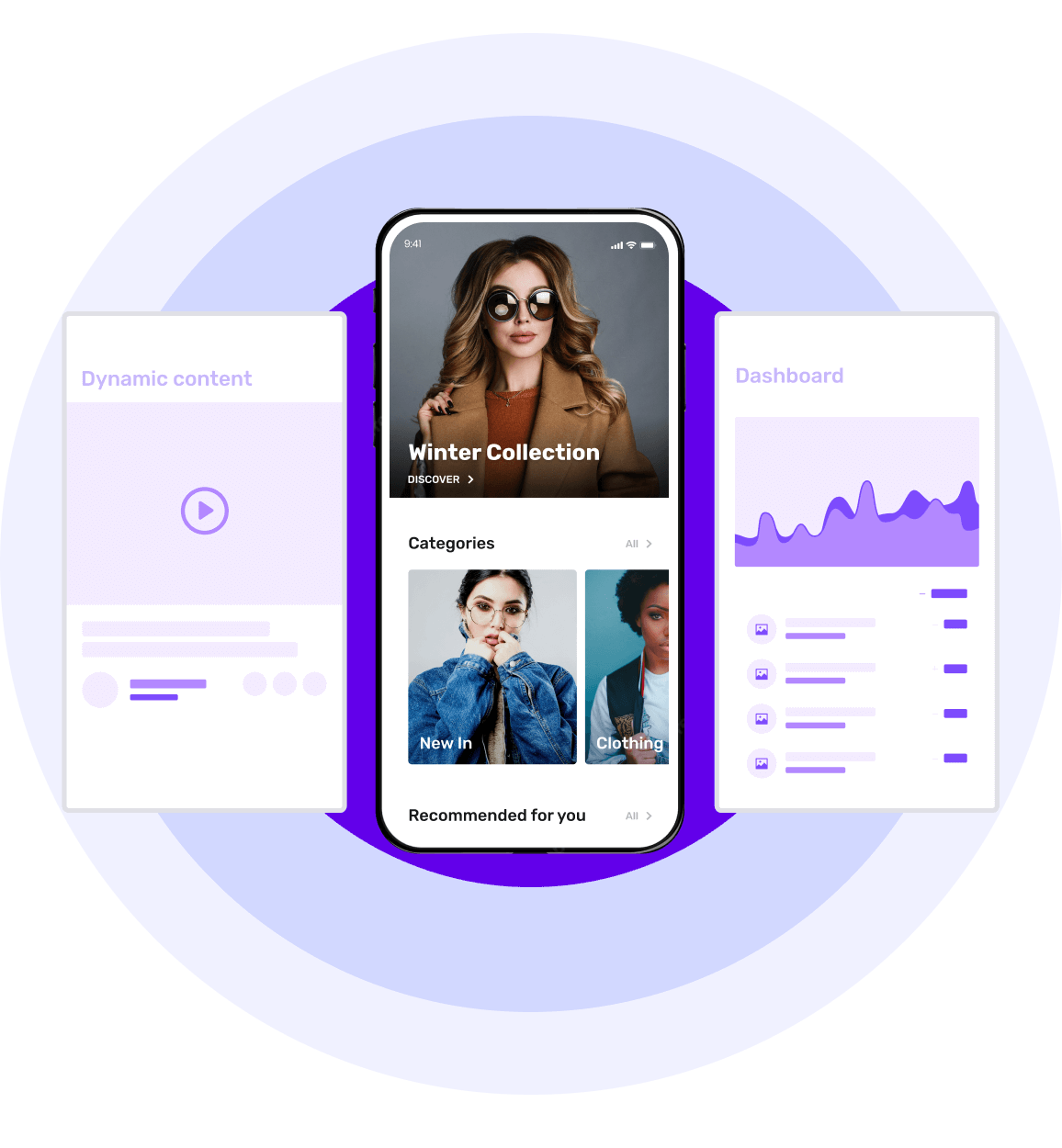 Ecommerce app screen with two wireframes highlighting a video player and a dashboard