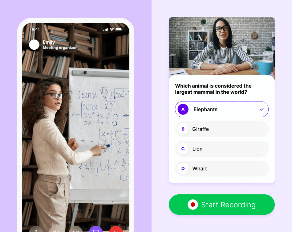 Educational video conferencing app interface, highlights live class with a poll and a CTA with start recording.