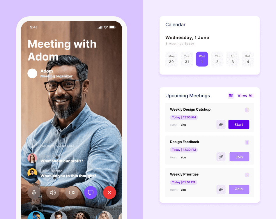 Enterprise video conferencing app interface, highlights a live video meeting with a calendar and upcoming meeting dashboard.