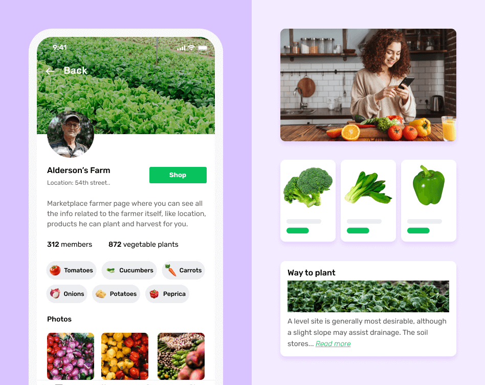 Farm to table vegetable delivery app screens