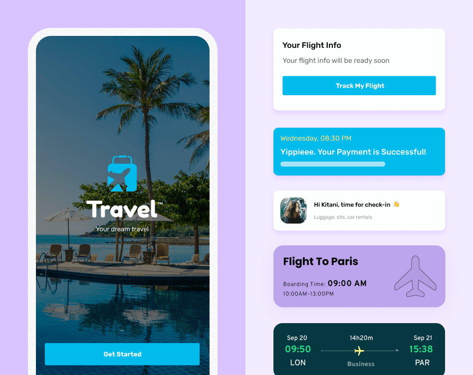 Flight booking app interface showcasing a splash screen, flight tracker, payment success message and upcoming flight details.