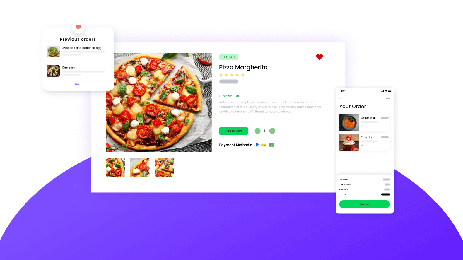 A restaurant website product page UI highlighting Pizza Margherita