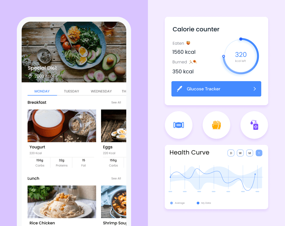 The healthcare app interface featuring a diet planner, calorie counter and health monitor