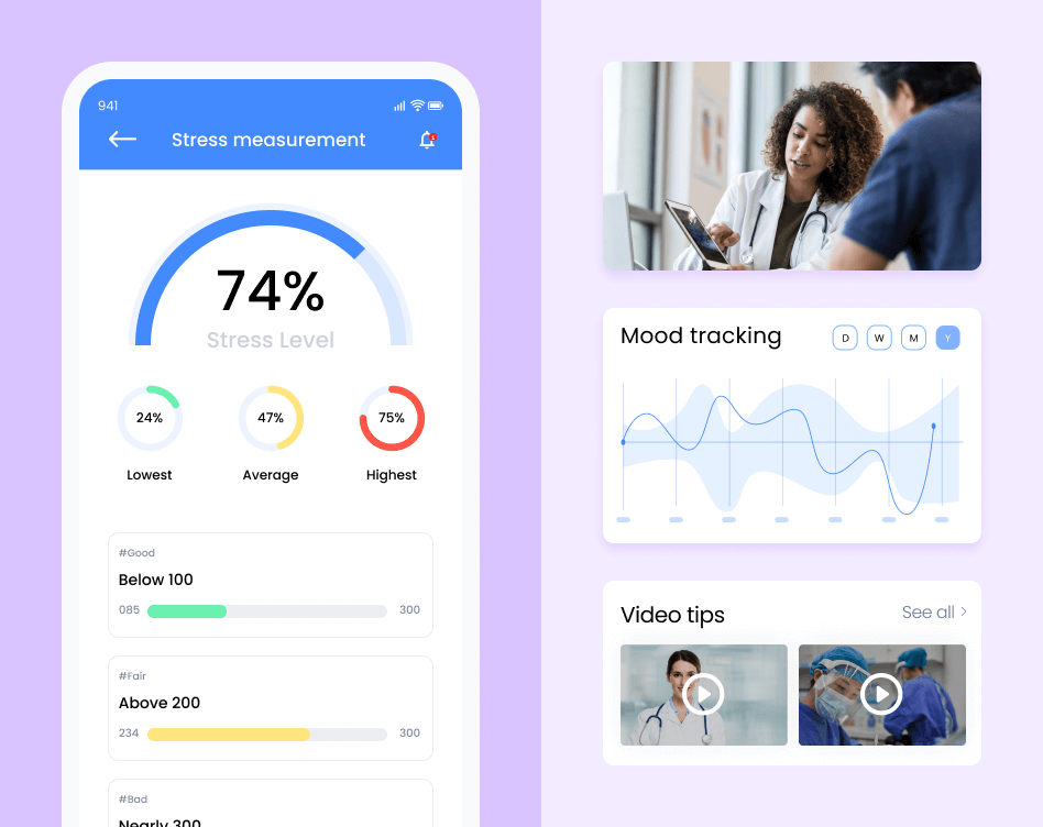 The healthcare app interface showcasing a stress tracker, mood tracker and educational video clips