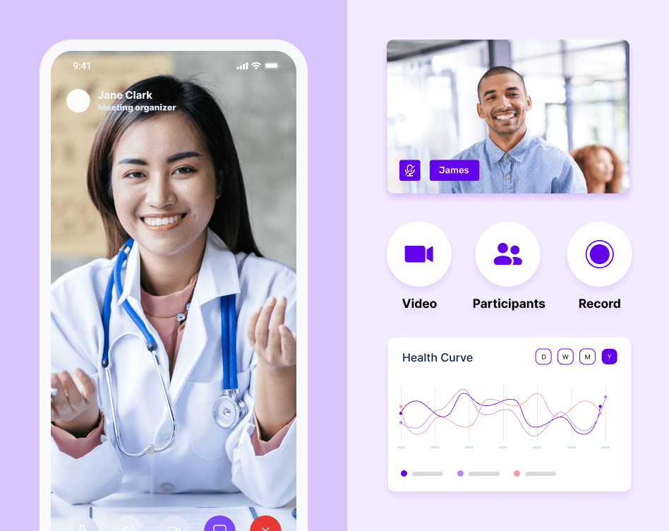 Healthcare video conferencing app interface, highlights a live meeting with healthcare dashboard and a live video call screen.