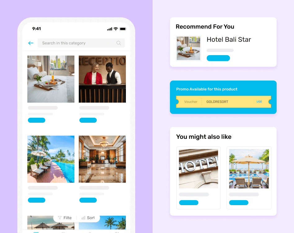 Hotel aggregator app interface showcasing hotel listing, coupons and recommendations.