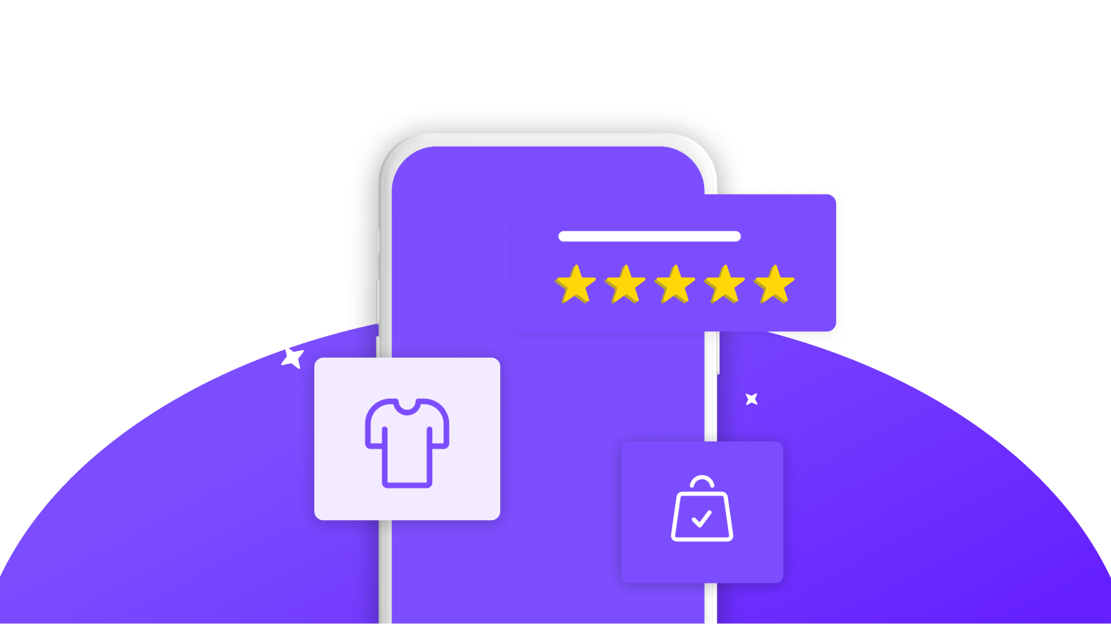 An illustration of an e-commerce app displays a mobile phone frame featuring products, a shopping bag icon, and a five-star rating, indicating user satisfaction and quality assessment.