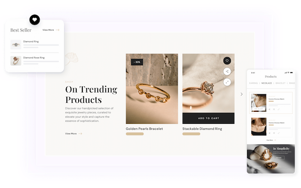 A sleek and modern online jewellery store webpage displays trending products like a golden pearls bracelet and a stackable diamond ring, creating an appealing shopping experience for potential customers.