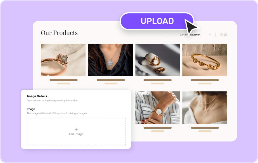 Jewellery ecommerce store product category page highlighting an image upload form
