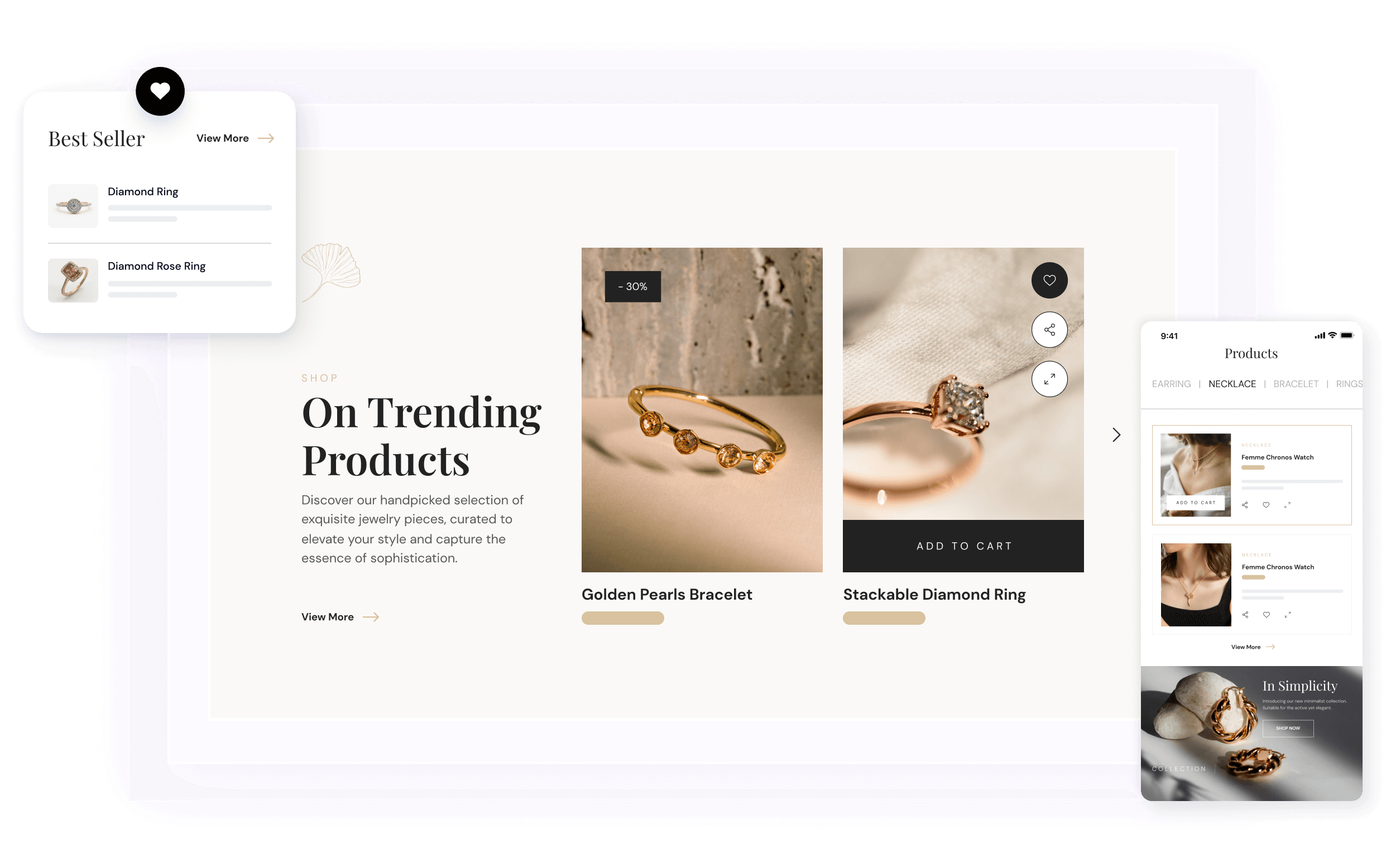 A sleek and modern online jewellery store webpage displays trending products like a golden pearls bracelet and a stackable diamond ring, creating an appealing shopping experience for potential customers.