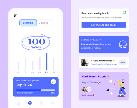 Language learning app interface showcasing learning progress, word puzzle and live speaking practice