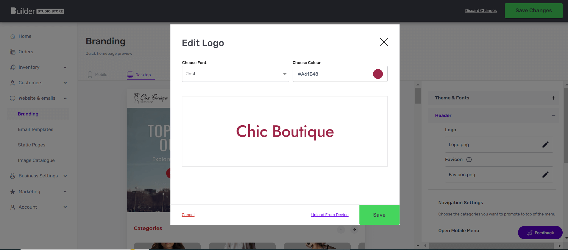 Builder Studio Store dashboard highlights a logo maker for ecommerce websites.