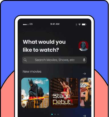 Media and entertainment app screen highlighting new and upcoming movies cards