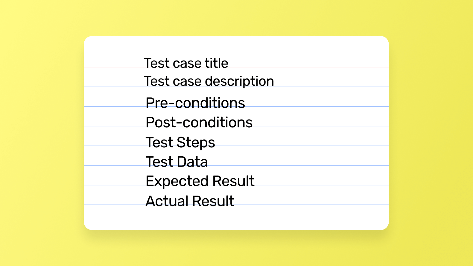 Components of a mobile app test cases including test case description, pre-conditions, post-conditioned, test steps, test data, expected results, and actual results.