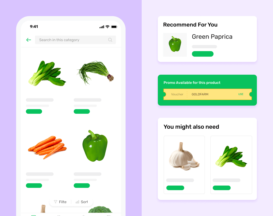 On-demand vegetable delivery app screens