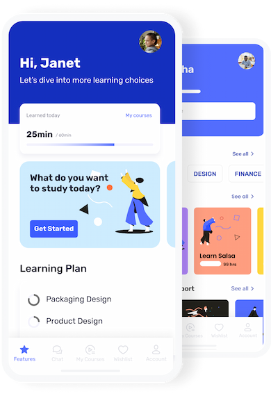 Online learning app screen, features a user profile screen neatly stacked on top of others.