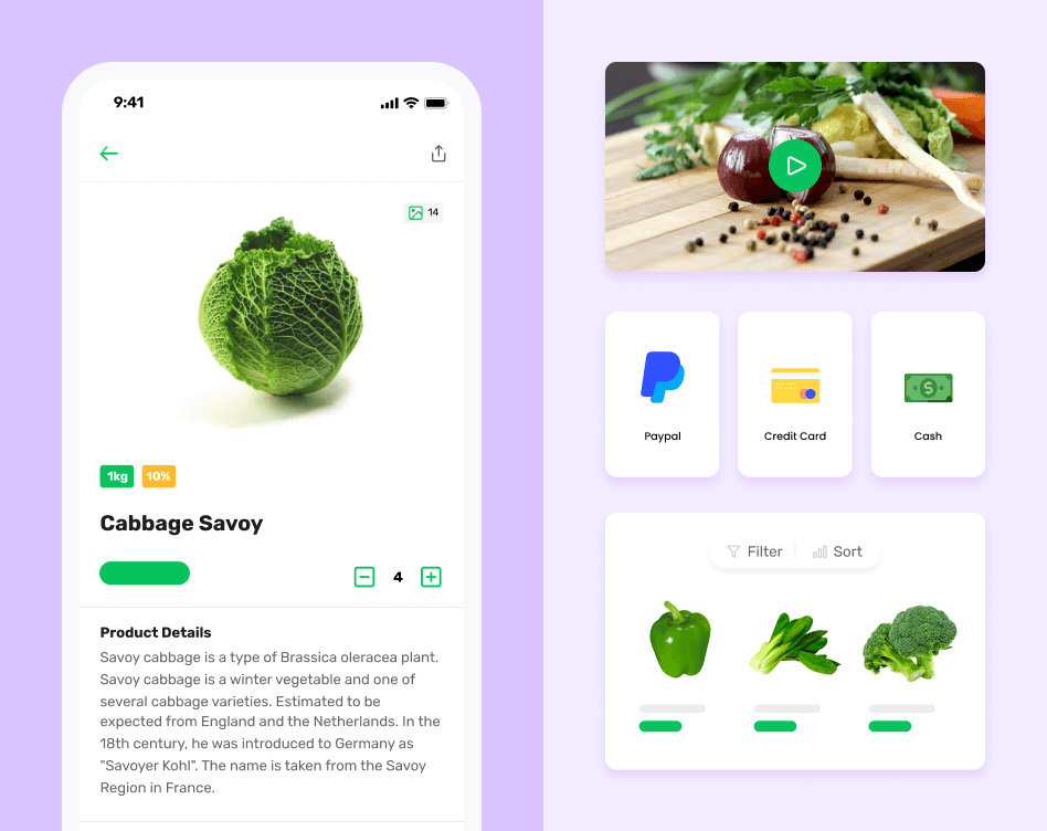 Organic vegetable delivery app screens