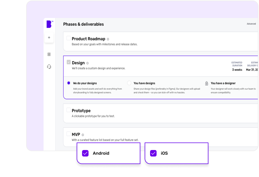 Screen showing how users can choose design and development stages to suit their needs. This includes the ability to design an app, create an app prototype and create an MVP.