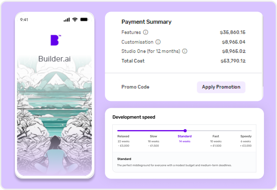 Builder Studio dashboard screen showing a payment summary and allowing you to choose different development speeds from “Relaxed” to “Speedy”. The faster the speed, the higher the cost.