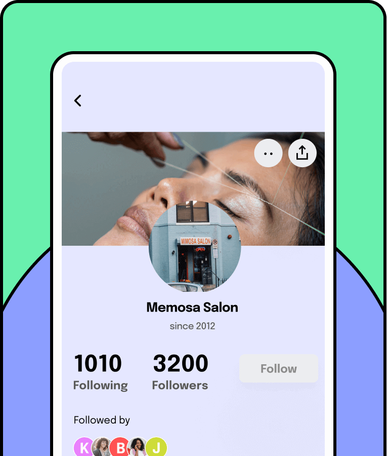Social commerce app screen highlighting Memosa Salon’s profile with follower counts and profiles followed
