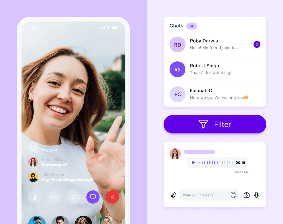 Social video chat app interface, highlights live video call screen with chats.