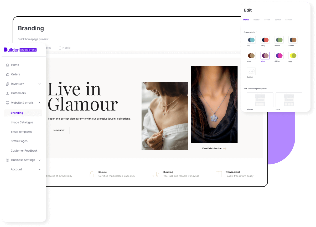 Studio store dashboard highlighting a jewellery store theme in editor mode.