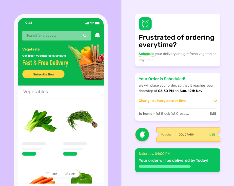 Subscription-based vegetable delivery app screens