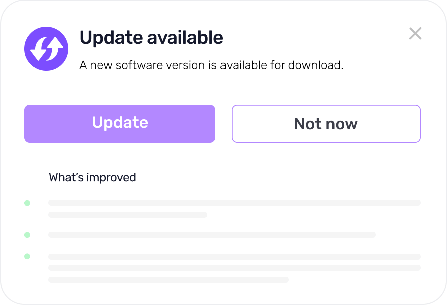 Update notification screen highlighting available updates with two CTAs “Update” and “Not now”.