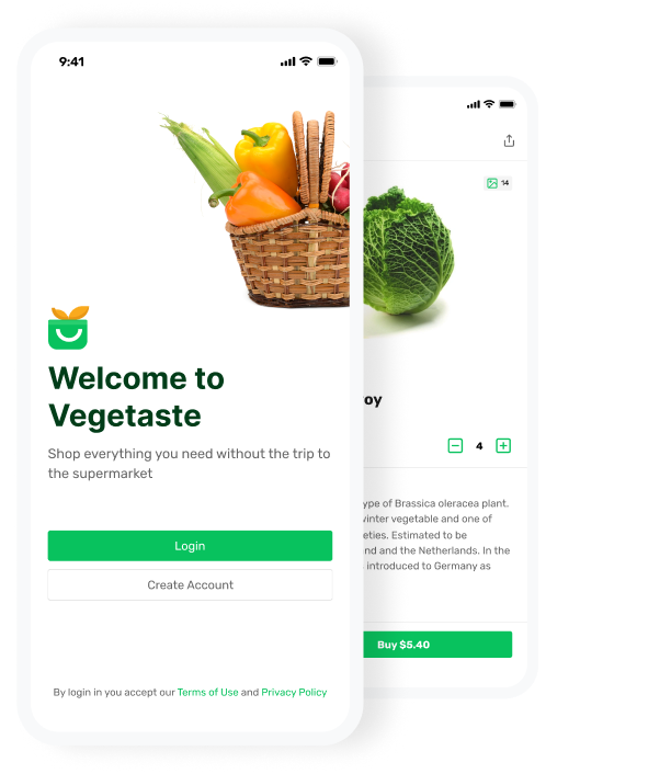 Vegetaste, a vegetable delivery app screen, features a login screen neatly stacked on top of others.